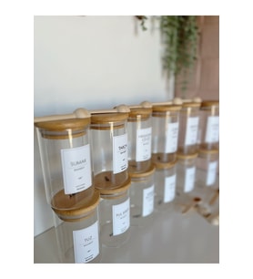 12'li Bambu Kapak Cam Baharatlık Seti, 300 ml, Ahşap Kaşık Hediyeli