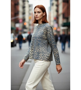 Kadın Oversize Leopar Desenli Bisiklet Yaka Düşük Kollu Akrilik Polyester Triko Kazak Rahat Şıklık