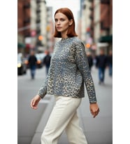 Kadın Oversize Leopar Desenli Bisiklet Yaka Düşük Kollu Akrilik Polyester Triko Kazak Rahat Şıklık