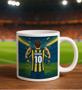 BK Gift Kişiye Özel Sarı-Lacivert Forma Tasarımlı Beyaz Kupa Bardak, Arkadaşa Hediye, Sevgiliye Hediye, Taraftar Hediyesi
