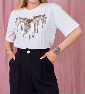 Ekru Kalpli Leopar Desenli Yuvarlak Yaka Kısa Kollu Pamuklu T-shirt