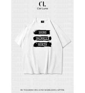 Unisex Kadın Erkek Vıkıng Valhala North Baskılı Özel Tasarım Oversize T-shirt (Beyaz)