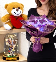 Kişiye Özel Premium Set Renkli Led Işıklı Kelebek Buketi Peluş Ayıcık ve Led Işıklı Fanus (Model 4)