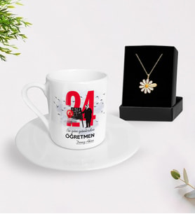 BK Gift Kişiye Özel Öğretmenler Günü Türk Kahvesi Fincanı ve İsimli Papatya Kolye Hediye Seti- 4, Öğretmene Hediye, Öğretmenler Günü