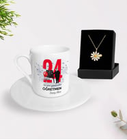 BK Gift Kişiye Özel Öğretmenler Günü Türk Kahvesi Fincanı ve İsimli Papatya Kolye Hediye Seti- 4, Öğretmene Hediye, Öğretmenler Günü
