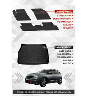 Sahler C5 Aircross 2019-2025 Uyumlu 4.5D Premium Havuzlu Oto Paspas Ve Liner Marka 3D ÜST Bagaj Havuzu
