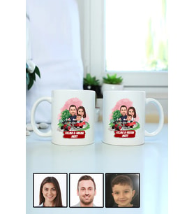 Üç Kişilik Aileye Özel Karikatürlü İkili Beyaz Kupa Bardak