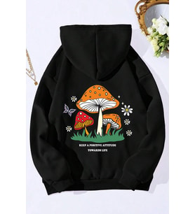 Unisex Mantar Baskılı Oversize Sweatshirt (Siyah)