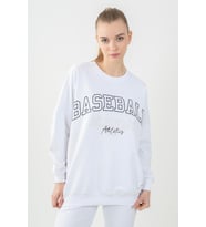 Maraton Sportswear Oversize Kadın Bisiklet Yaka  Uzun Kol Basic Beyaz Sweatshirt 22185