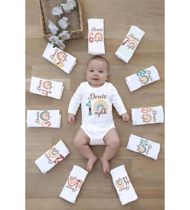 İsimli Aylık Kız Erkek Badi Set 12 Ay Her Ay Özel Baskılı Uzun Kol Çıtçıtlı Body STL7154 (Mavi)