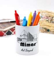 Mimarlara Özel Kişiselleştirilebilir Porselen Masaüstü Kalemlik 9,5cm Mimara Hediye (Beyaz)