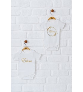 Pia Baby Premium %100 Pamuk İsme Özel Organik Baskılı İkili Set Çıtçıtlı Bebek Body Zıbın Modelleri 5049-17 (Ekru)