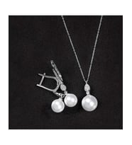 925 Ayar Zirkon Taşlı Damla Modeli Küre Gümüş İnci Set (Rodyum)