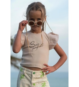 Breeze Kız Çocuk Tişört Kemer Boy Kolları Krep Kumaş Fırfırlı 3-7 Yaş, Bej