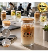 Logonuza Özel 10 Adet Bambu Kapaklı Pipetli Cam Bardak 540 ML