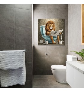 Tekli Kare Kanvas Banyo Tablosu Gazete Okuyan Aslan