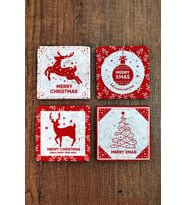 Doğal Taş Bardak Altlığı 4'lü Set 10x10x1 cm Yeni Yıl, Yılbaşı, Merry Christimas-Stone Coasters