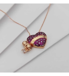 Gümüş Kalp Ve Tek Taş Model Pembe Zirkon Taşlı Kolye 925 Ayar