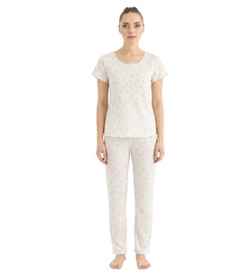 Seamlife Kadın %100 Pamuk Kalp Desenli Kısa Kollu Pijama Takımı 466542 (Ekru)
