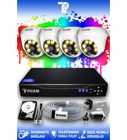 PICAM 4 Kameralı Dome 4 İç Kamera Set 250 GB HDD Full HD Renkli Gece Görüşlü Güvenlik Kamerası Sistemi