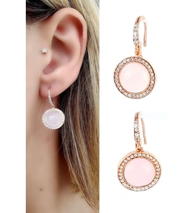 Pembe Kuvars Taşlı Zirkon Taş Detaylı 925 ayar Gümüş Rose İtalyan küpe