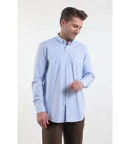 Beyaz - Mavi Düğmeli Yaka Uzun Kol Cepli Comfort Fit %100 Pamuk Gömlek 1004260175