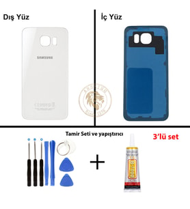 Samsung Galaxy S6 Beyaz Renk Arka Kapak + Tamir Seti + B7000 Yapıştırıcı Arka Cam Batarya Kapağı Pil Kapağı Lazer Kesim Back Cover Galaxy S6 Uyumlu