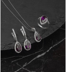925 Ayar Gümüş Ametist Taşlı Damla Set