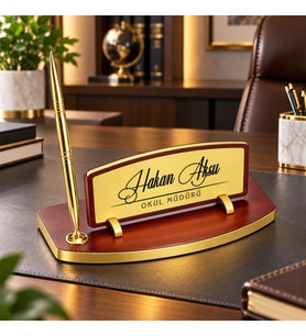 BK Gift Kişiye Özel Kalemli Ahşap Masa İsimliği Gold Plakalı BK26 -6