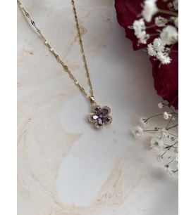 Kadın Gold Mor Lotus Çiçek Zirkon Taşlı Çelik Hediye Kolye (Mor-Altın)