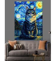 Van Gogh Stili Kedi Dekoratif Kanvas - Mdf Ahşap Tablo