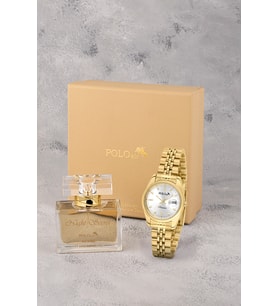 Polo Air Mercek Takvimli Kadın Kol Saati Ve 55 ml Parfüm Hediyelik Kutusunda Set Gold Renk ST-2196S1