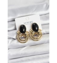Pirinç Gold Renk Siyah Taşlı Vintage Kadın Küpe