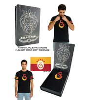 Galatasaray Lisanslı Logo Baskılı Siyah T-Shirt BAYRAK ve LAZER Kutu Hediyeli (Siyah-Kırmızı)