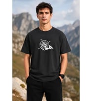 Erkek Outdoor Pusula Dağ Baskılı Kısa Kollu Oversize T-Shirt - Siyah