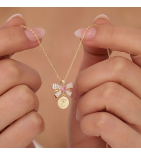 925 Ayar Gümüş Pembe Kalpli Kurdele ve Harfli Plaka Kolye (Gold)