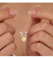 925 Ayar Gümüş Pembe Kalpli Kurdele ve Harfli Plaka Kolye (Gold)