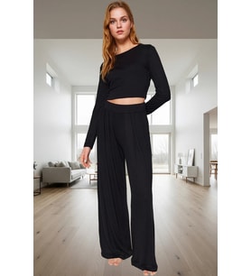 Yüksek Bel Geniş Paça Pijama Takımı Rahat Viskoz Kumaş Ev Konforu Kaliteli İşçilik (Siyah)