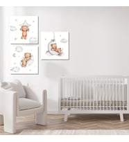 3'lü Kare Kanvas Bebek Odası Soft Ayıcık ve Bulut Tablosu