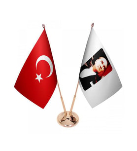 Masa Üstü Atatürk Bayrağı Türk Bayrağı İkili Pirinç Direk Masa Bayrak Seti