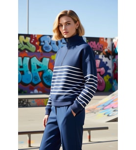 Kadın Dik Yaka Düşük Kol Fermuarlı Çizgili Oversize Kalın Örme Sweatshirt Fonksiyonel Spor