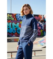 Kadın Dik Yaka Düşük Kol Fermuarlı Çizgili Oversize Kalın Örme Sweatshirt Fonksiyonel Spor