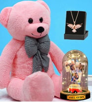 Büyük Boy Pembe Peluş Ayıcık, Kişiye Özel Led Işıklı Fanus ve Zümrüdü Anka Kuşu Kolye (Model 6)