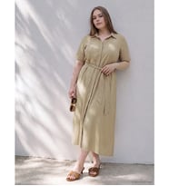 LCW Curve Bej Büyük Beden Kuşaklı Gömlek Elbise