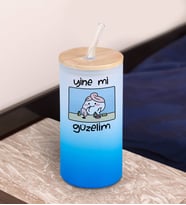BK Gift Esprili Tasarım Mavi Renk Pipetli Buzlu Cam Bardak 600ml - 8, Arkadaşa Hediye, Doğum Günü Hediyesi