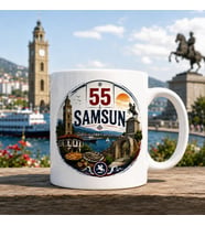 Samsun Temalı Hediyelik Kupa Bardak - 55 Plaka ve Şehir Simgeleri İllüstrasyon Baskılı Özel Tasarım Kupa
