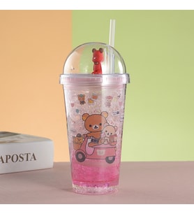 Ayıcıklar Işıklı ve Pipetli Bardak, 450 ml, Buzlu ve Kapaklı, Pembe, 20x8 (Pembe)