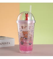 Ayıcıklar Işıklı ve Pipetli Bardak, 450 ml, Buzlu ve Kapaklı, Pembe, 20x8 (Pembe)