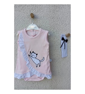 3-9 Ay Kız Bebek Badi Kedili Fırfırlı Bandanalı Pembe