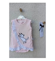 3-9 Ay Kız Bebek Badi Kedili Fırfırlı Bandanalı Pembe